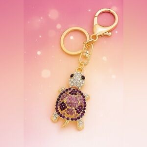 Purple Sparkly Turtle Bag Charm Keychain - Rhinestone Purse Accessory, Cute Gift